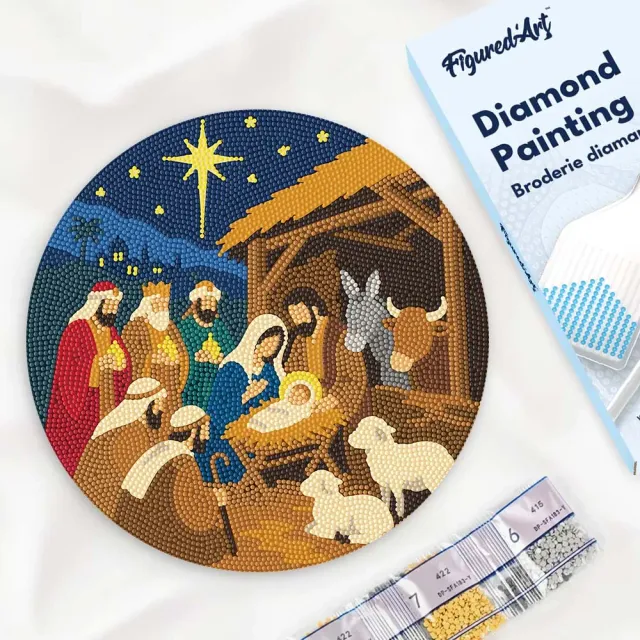 Figured'Art Kerststal diamond painting houten schijf 30 cm rond