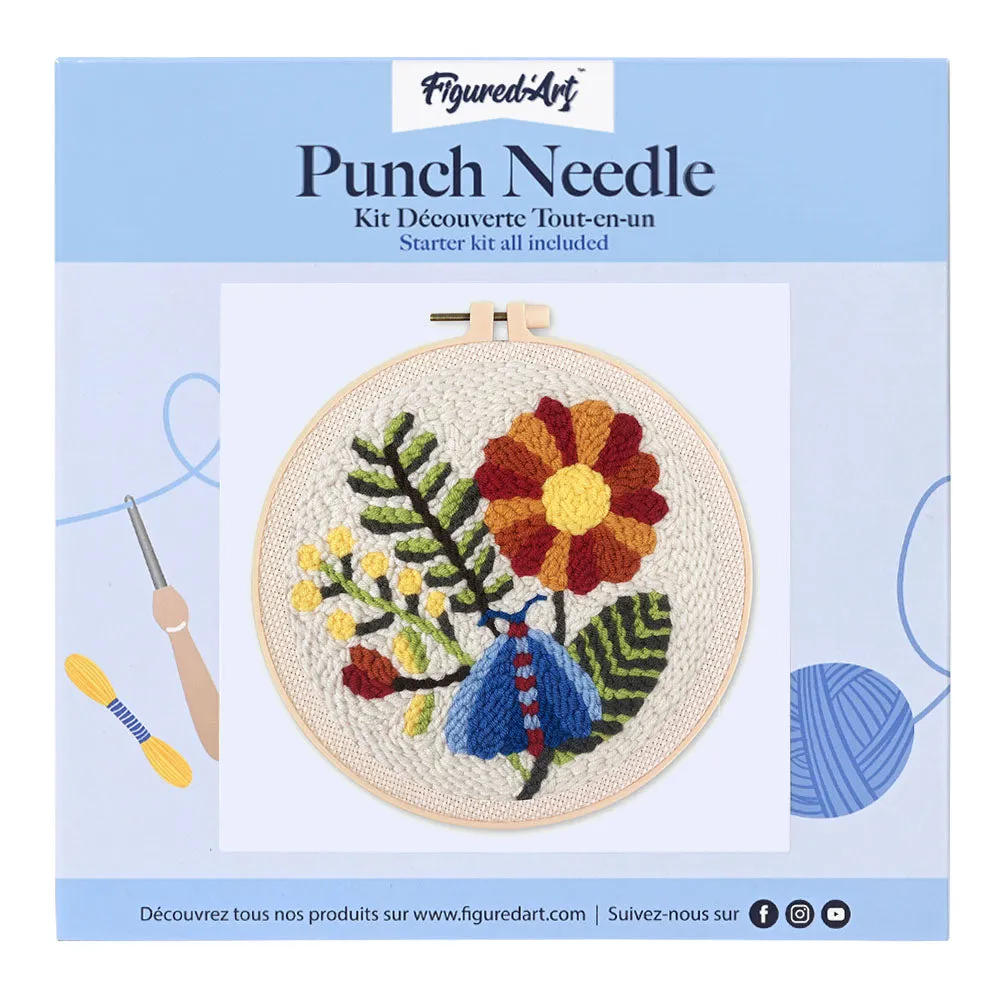 Figured'Art Blauwe mot en bloemen punch needle pakket 20cm