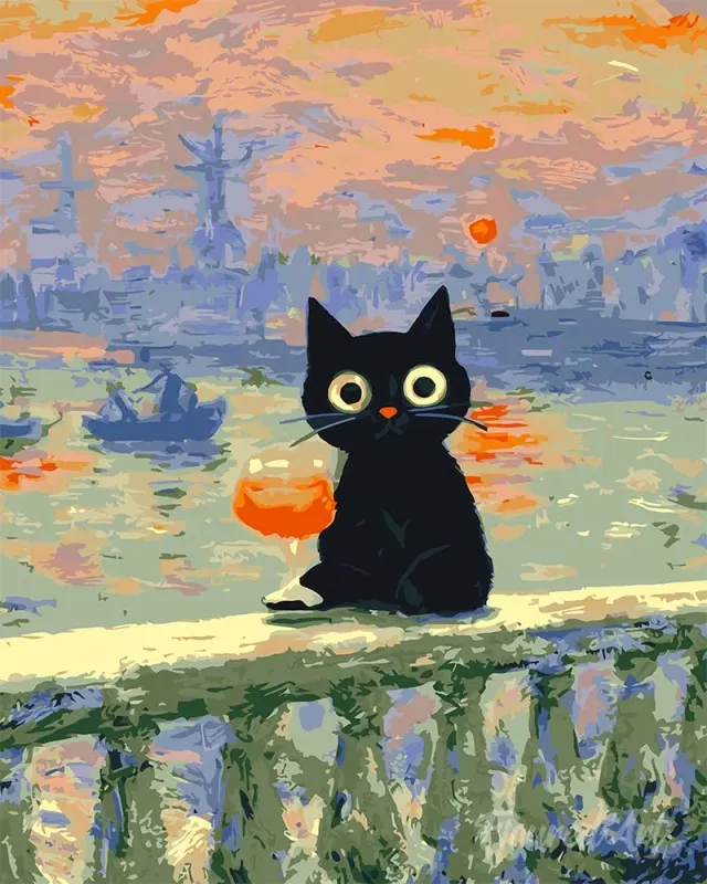 Figured'Art Kat bij Zonsondergang Monet schilderen op nummer 40x50 cm