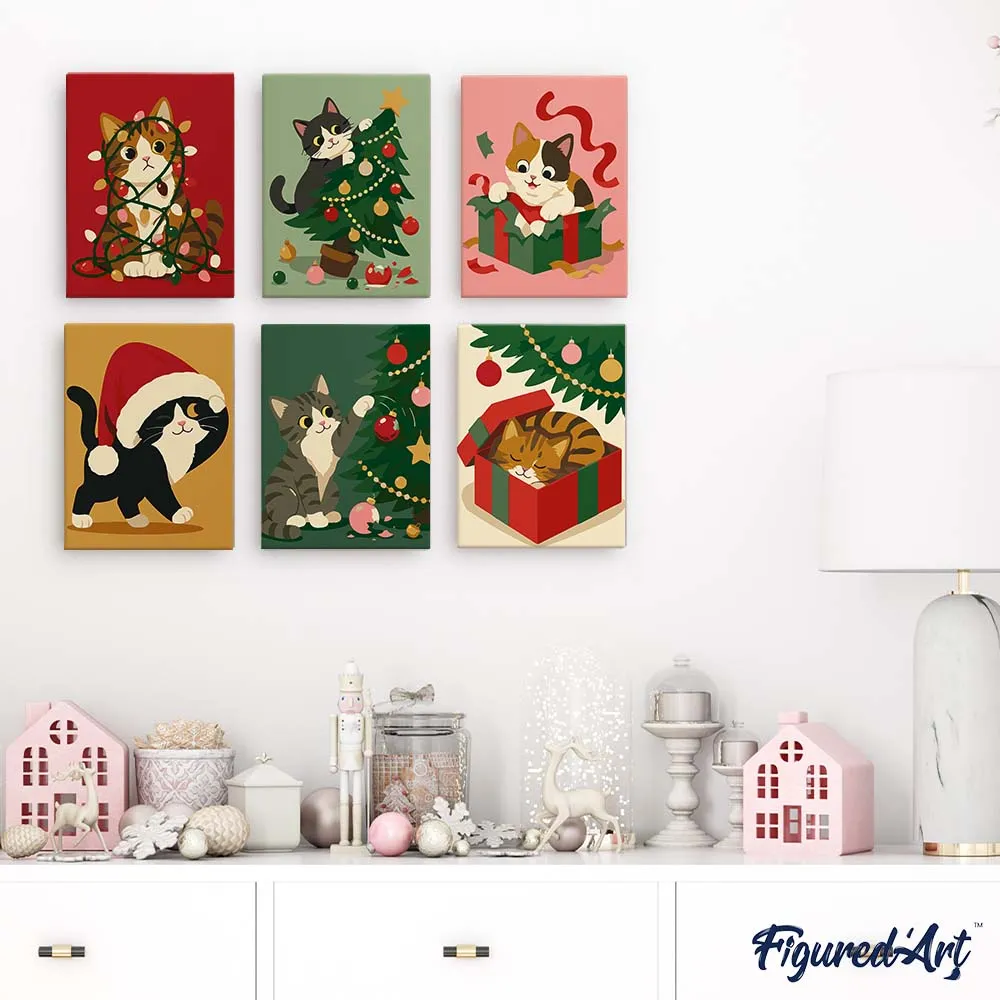 Figured'Art Kerstplezier Kittens mini schilderen op nummer 15x20cm 6 stuks