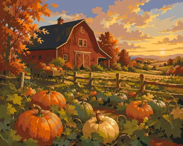 Figured'Art Pompoenenveld en Rode Schuur schilderen op nummer 40x50 cm herfst