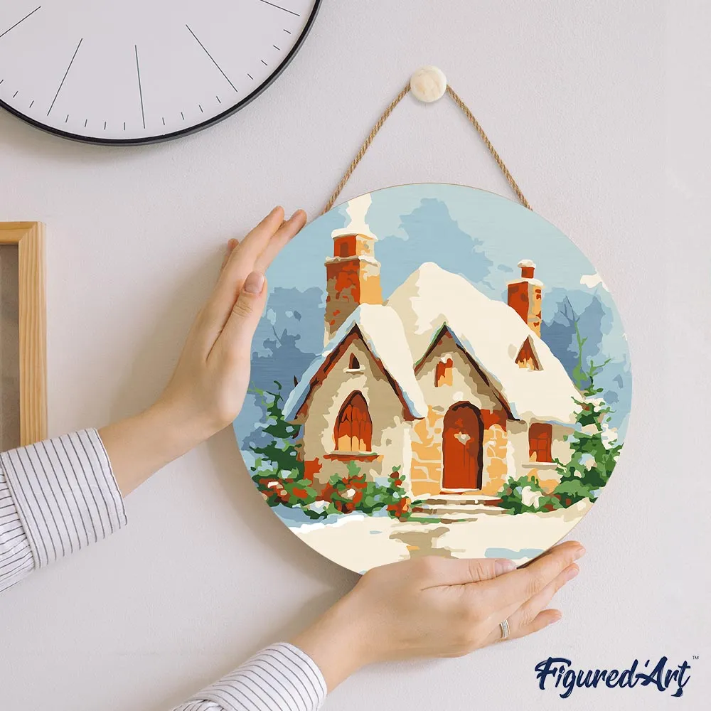 Figured'Art Bakstenen Huis Winter Schilderen op Hout 30 cm Rond