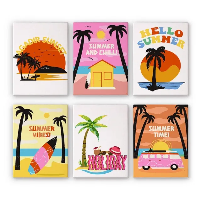 Figured'Art Zomer Strandposters mini schilderen op nummer 15x20 cm 6 stuks