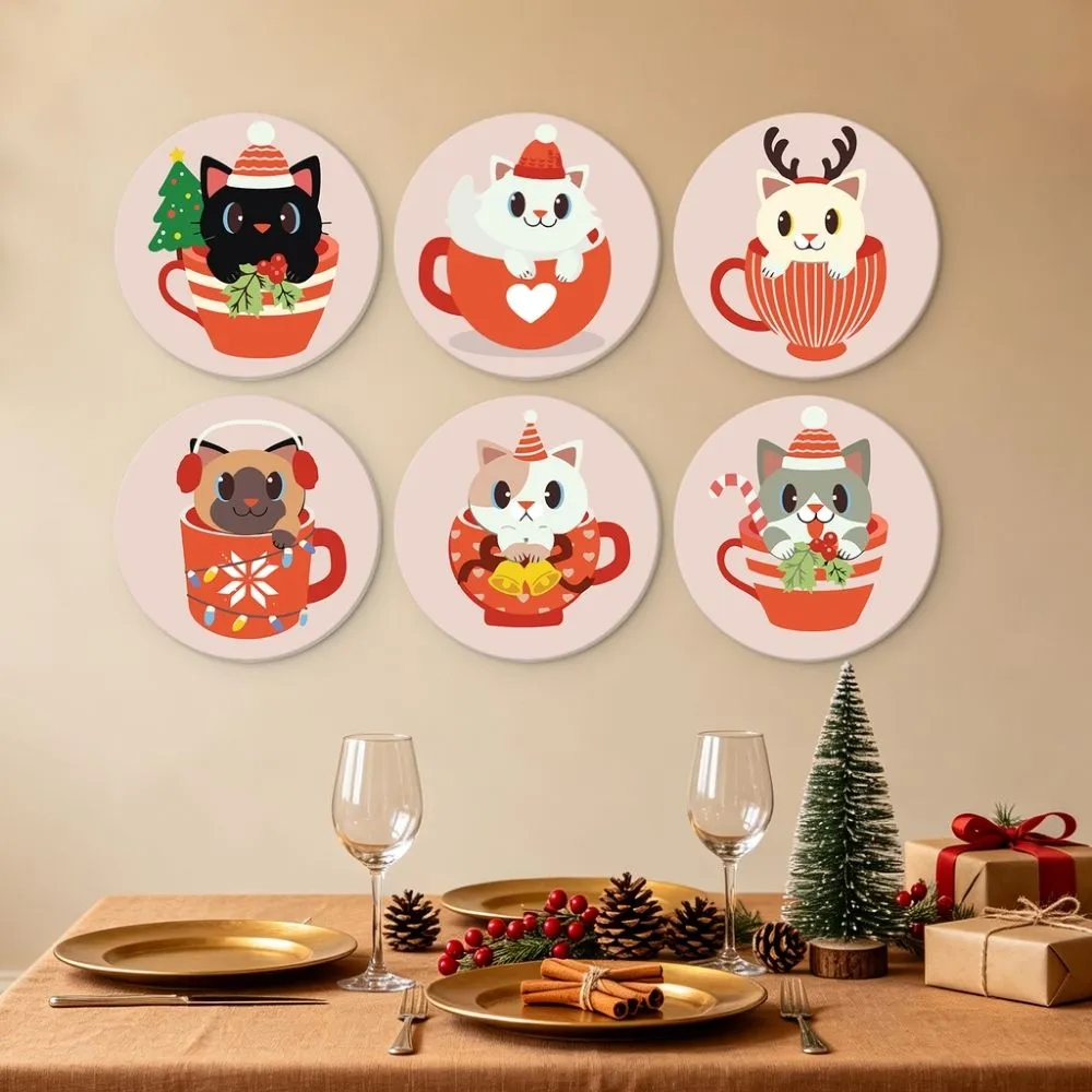 Figured'Art Mini Serie Katten in kerstmokken schilderen op nummer 6x Ø20cm kerst