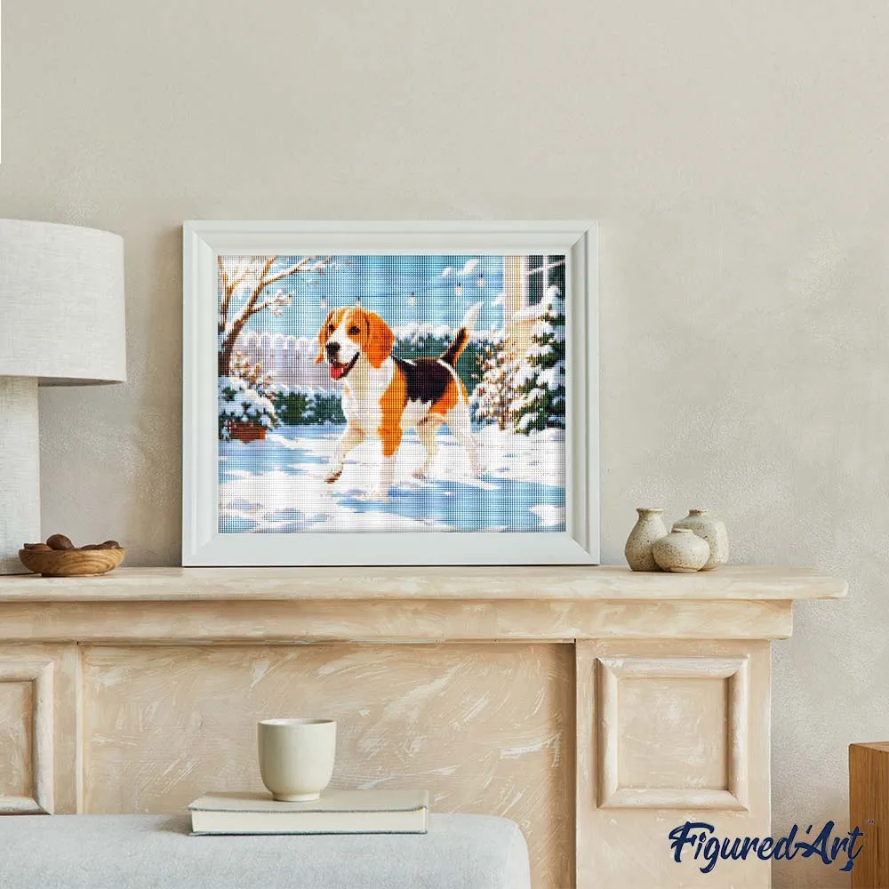 Figured'Art Beagle in de Sneeuw diamond painting 40x50cm vierkant