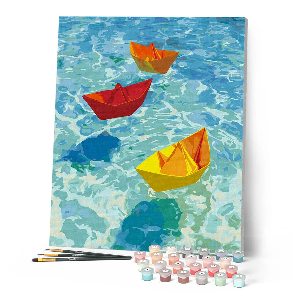 Figured'Art Origamibootjes schilderen op nummer canvas 40x50cm blauw