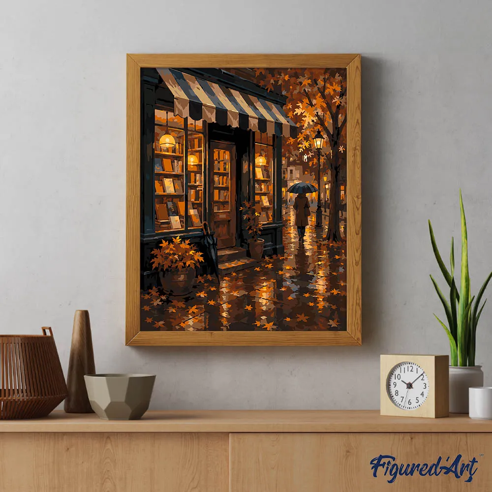 Figured'Art Regenachtige Herfstboekwinkel schilderen op nummer 40x50