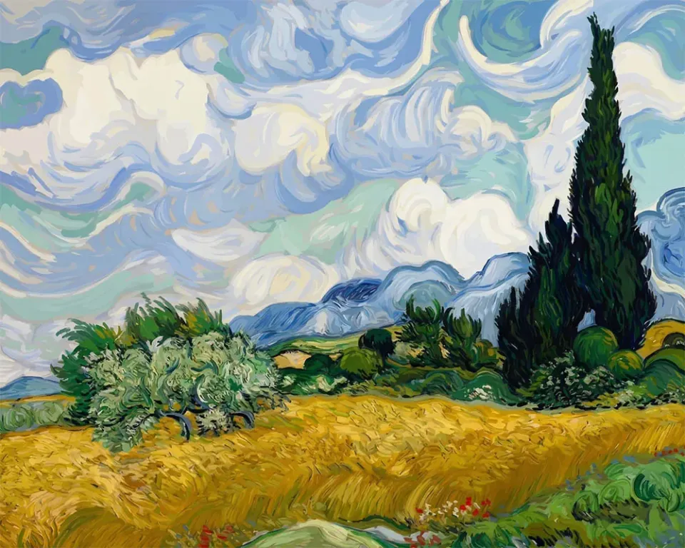 Figured'Art Tarweveld met cipressen Van Gogh diamond painting 40x50cm