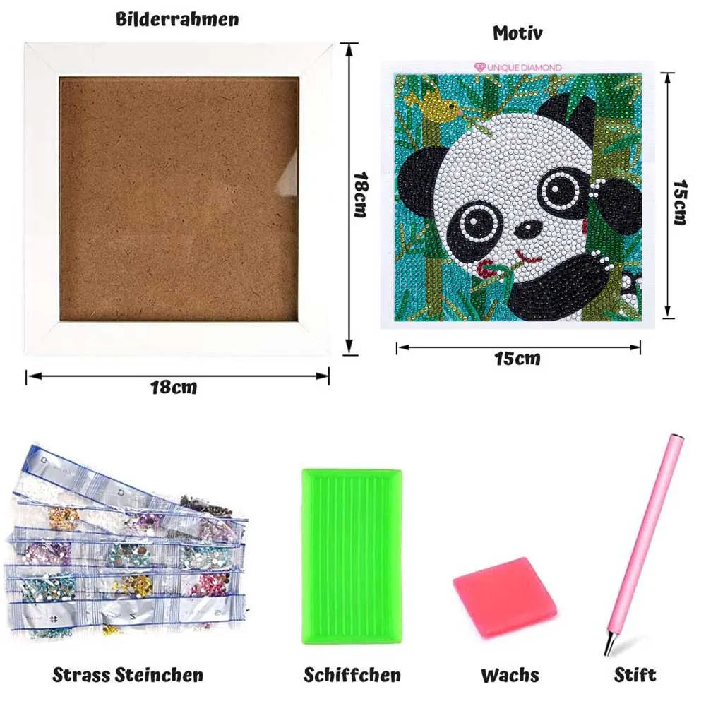 Figured'Art Panda diamond painting kinderen 15x15cm met lijst rond
