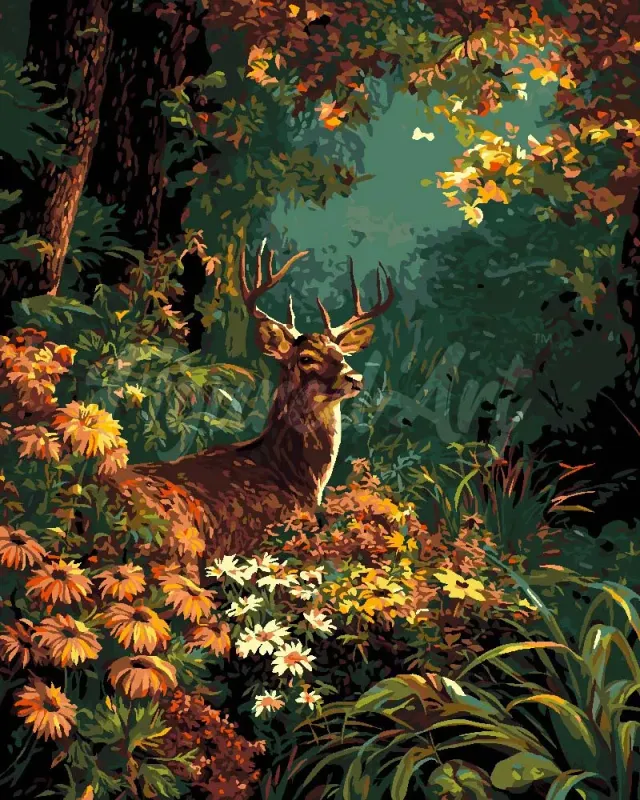 Figured'Art Hert tussen herfstbloemen schilderen op nummer 40x50 cm herfst