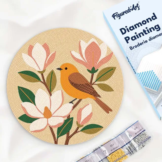Figured'Art Nachtegaal en magnolia's diamond painting hout 30cm rond