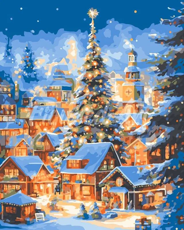 Figured'Art Sprankelend Kerstdorp schilderen op nummer 40x50 cm