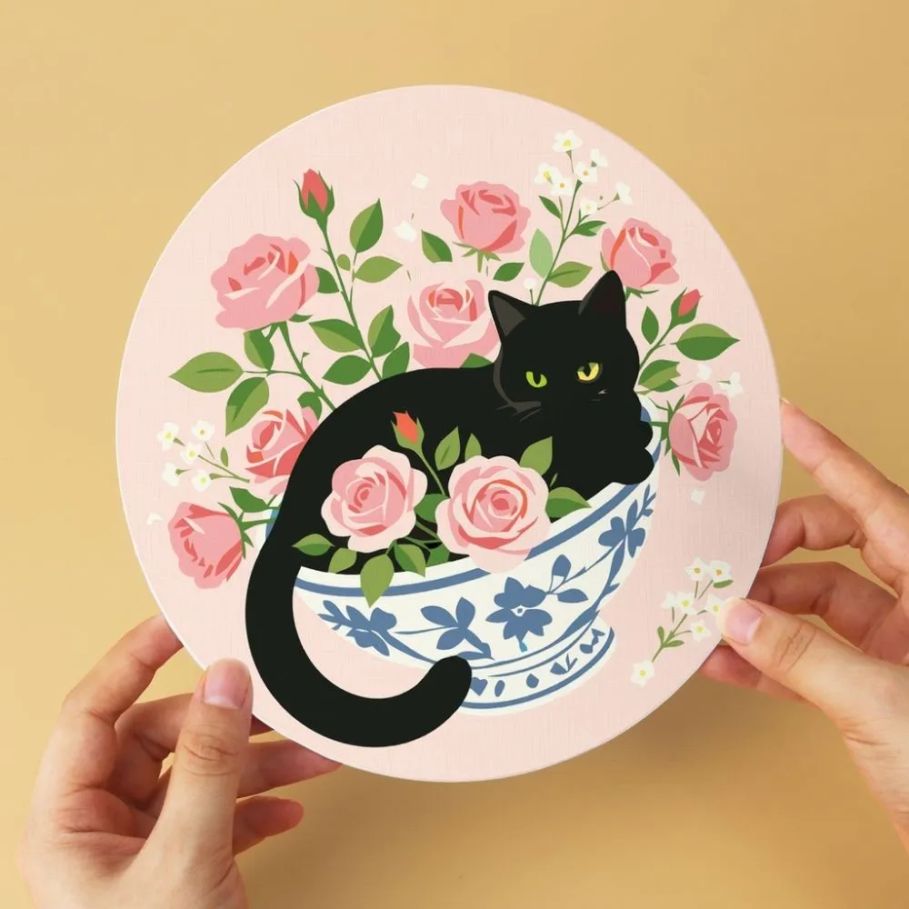 Figured'Art Mini Serie Zwarte kat en bloemen schilderen op nummer Ø20cm 6 stuks
