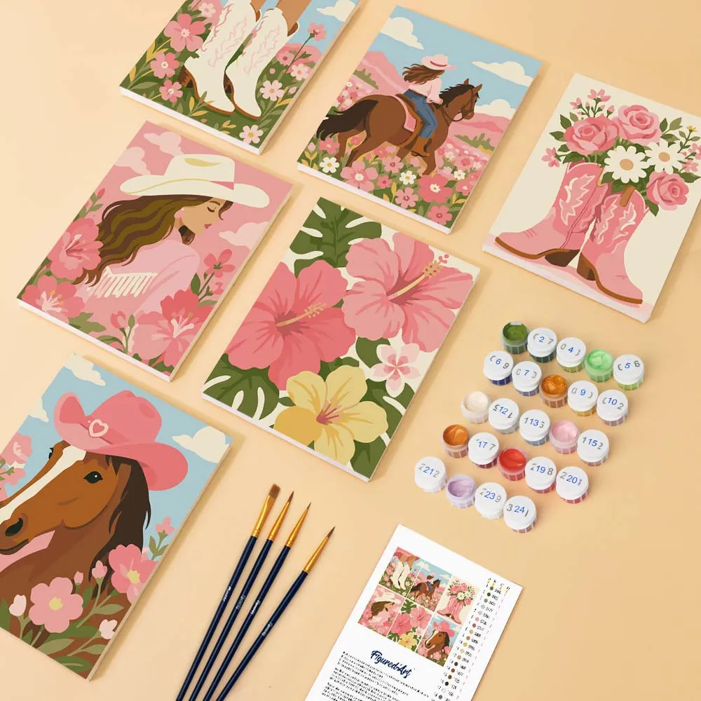 Figured'Art Mini Serie Roze Cowgirl schilderen op nummer 15x20cm set van 6
