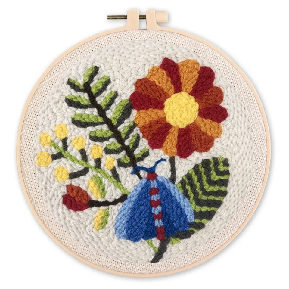 Figured'Art Blauwe mot en bloemen punch needle pakket 20cm