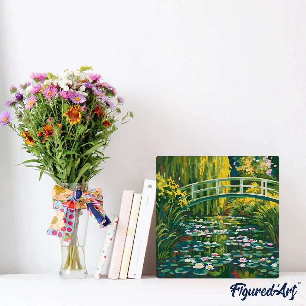 Figured'Art Waterlelies en Japanse brug Monet mini schilderij 20x20 cm