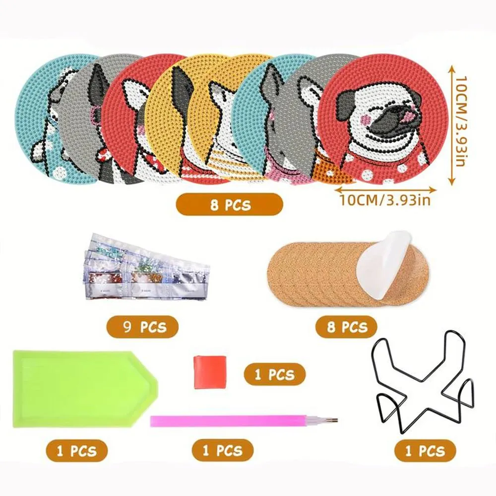 Figured'Art Gelukkige Honden diamond painting onderzetters 8 stuks