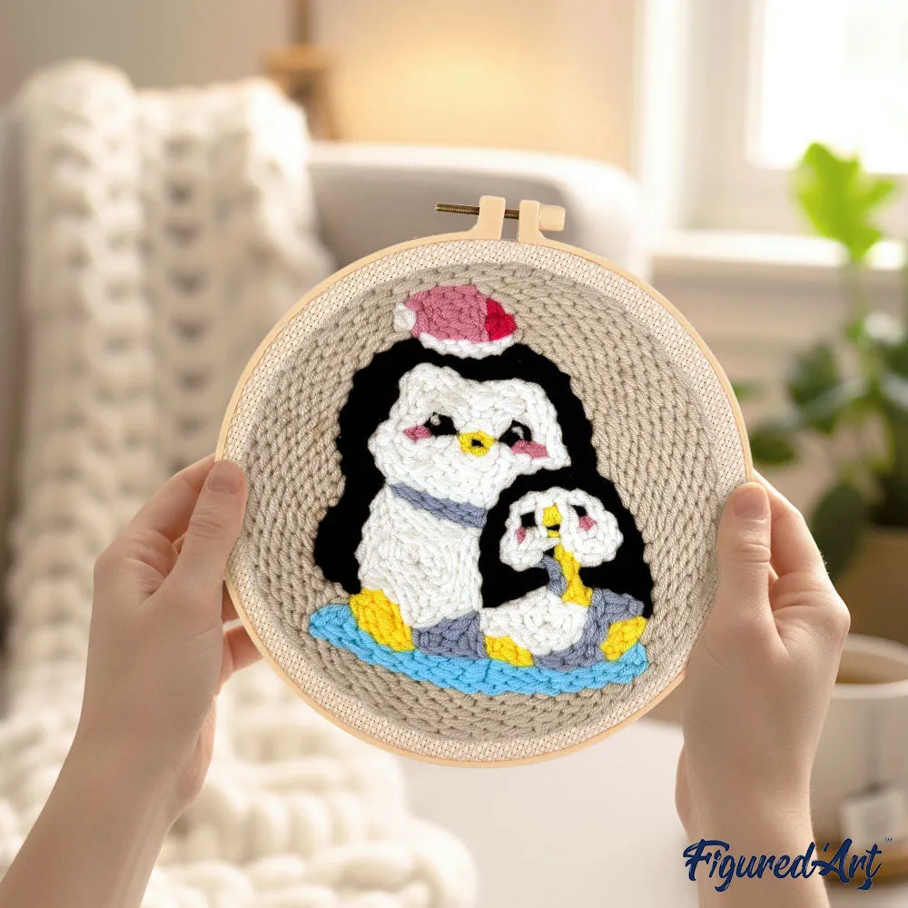 Figured'Art Mama en babypinguïn punch needle pakket 20cm wol