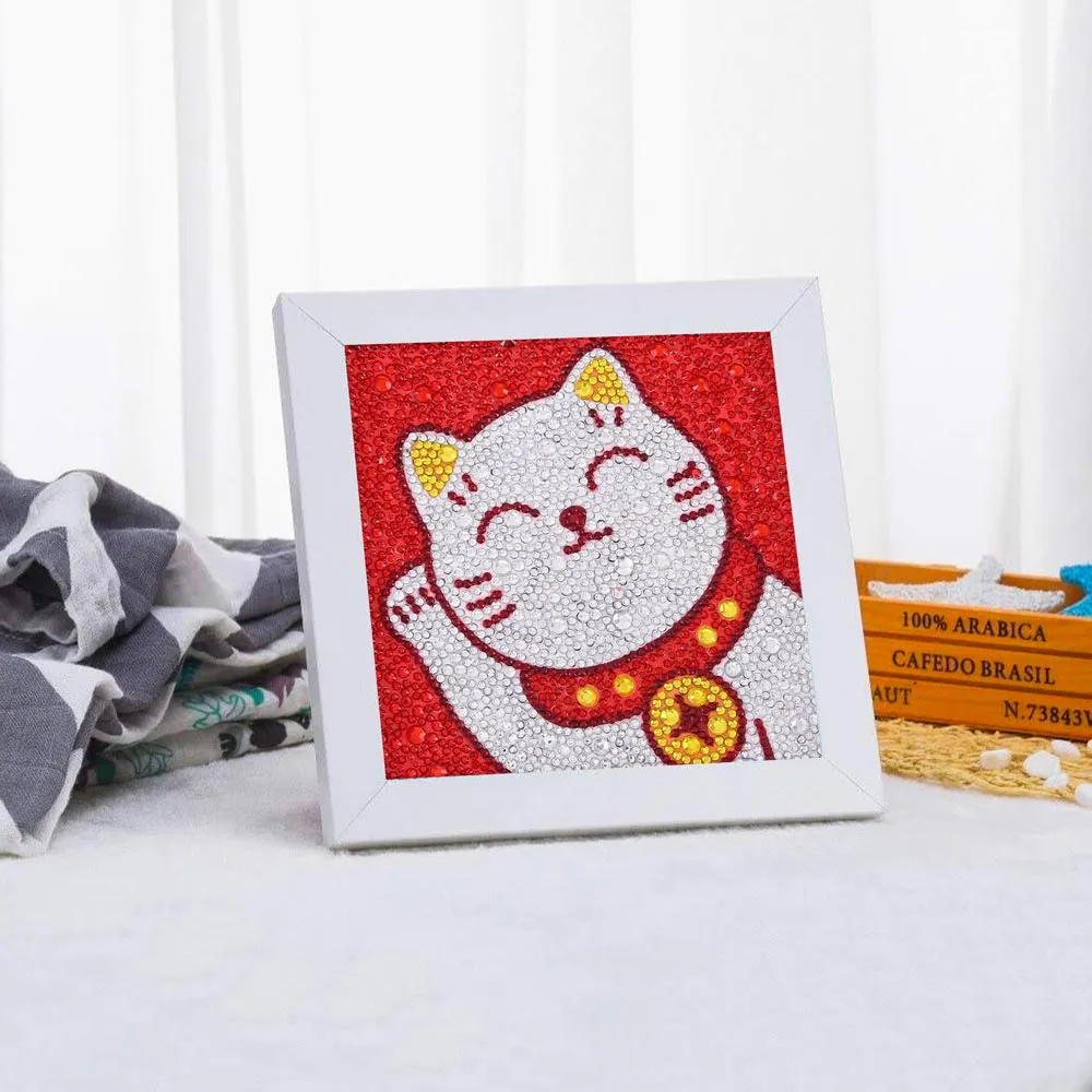 Figured'Art Kat diamond painting 18x18cm rond met lijst