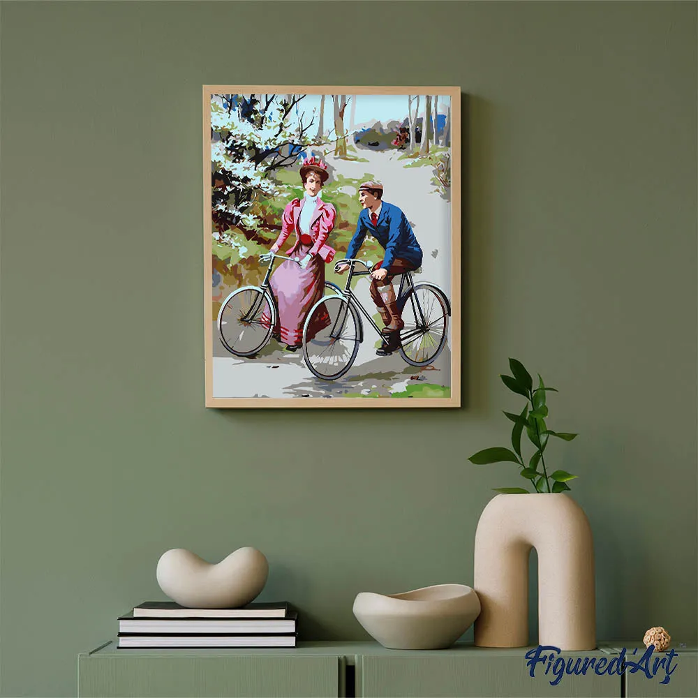 Figured'Art Fietsend stel Vintage Schilderen op Nummer 40x50 cm