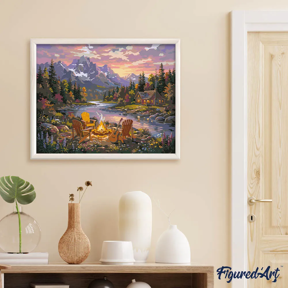 Figured'Art Kampvuur aan rivier schilderen op nummer canvas 40x50 cm