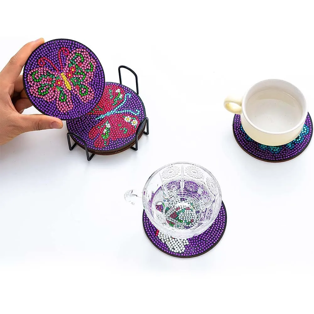 Figured'Art Paarse Vlinders onderzetters diamond painting 10 cm