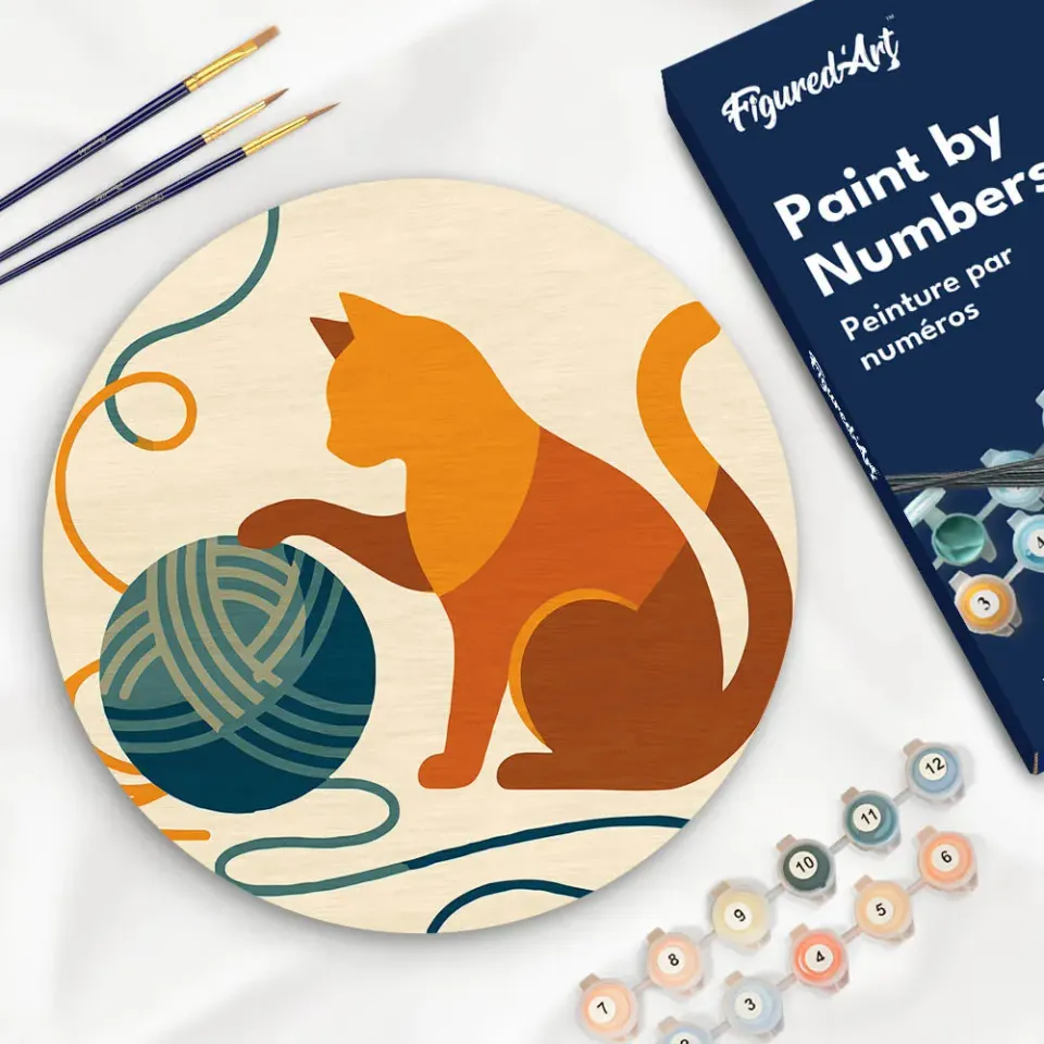 Figured'Art Kat en bol garen schilderen op nummer hout 30 cm