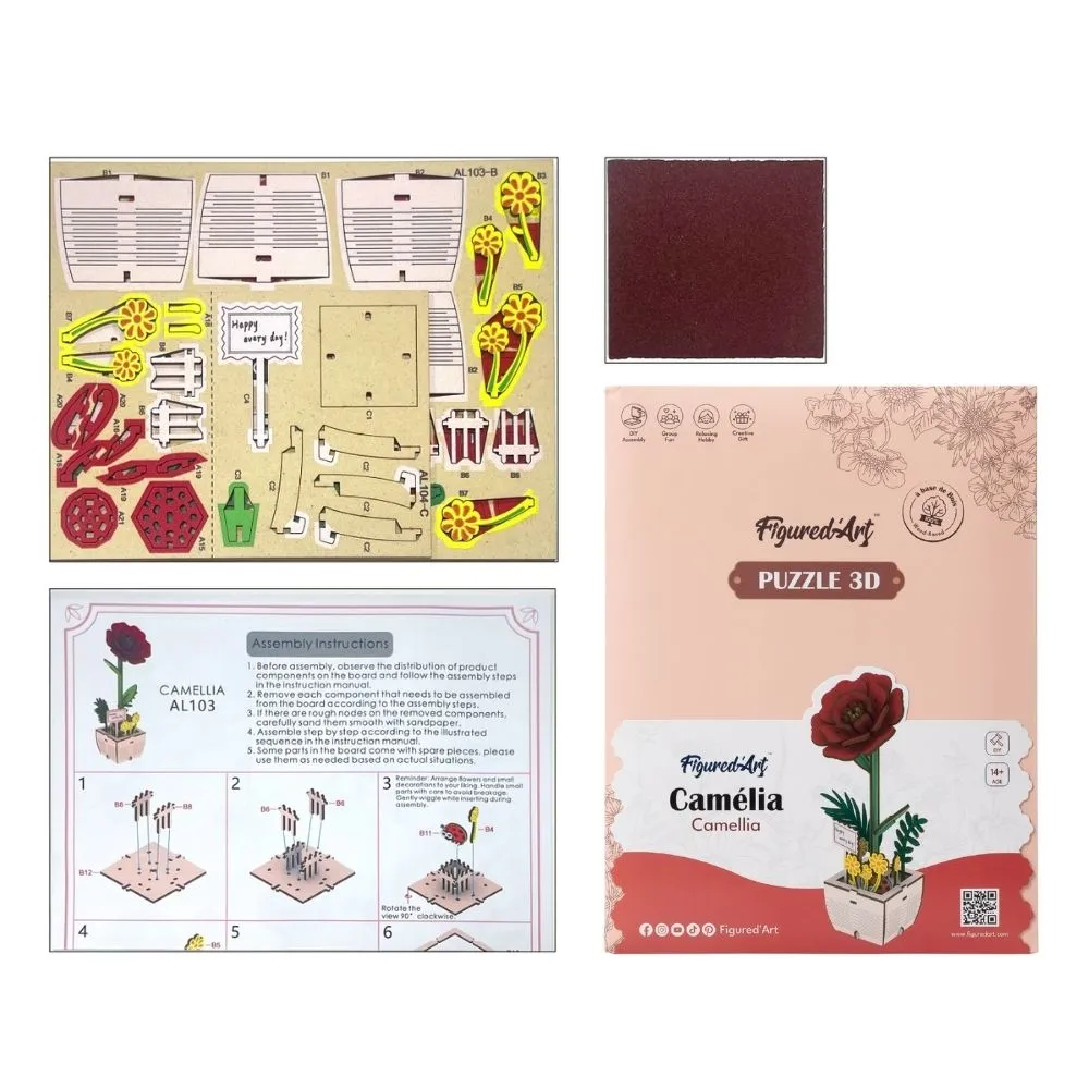 Figured'Art Camellia 3D puzzel houten bloem 83 delen