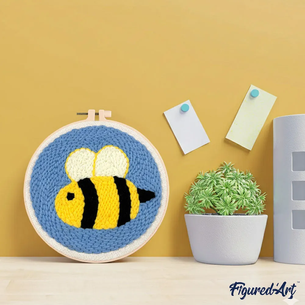 Figured'Art Schattige Bij punch needle pakket 20cm rond frame