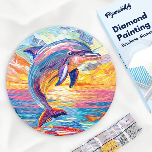 Figured'Art Dolfijn diamond painting op hout 30 cm rond