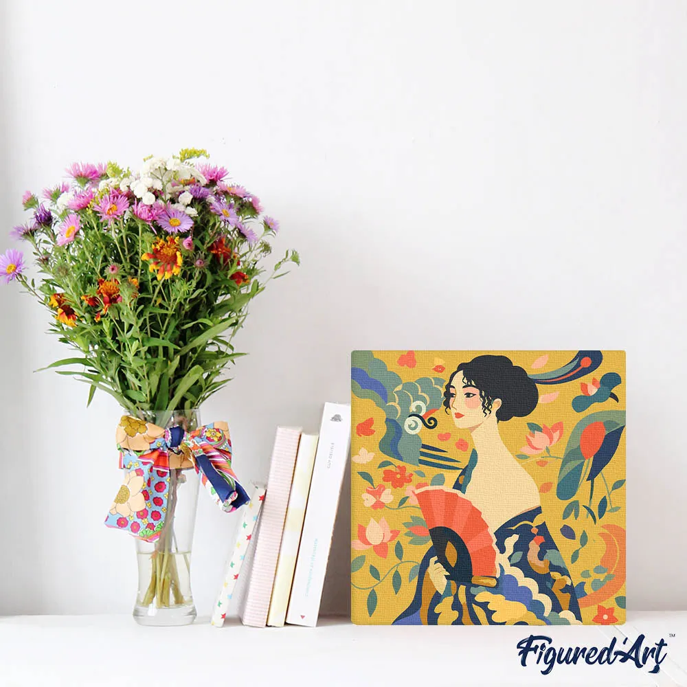 Figured'Art Dame met waaier Klimt mini schilderen op nummer 20x20 cm frame