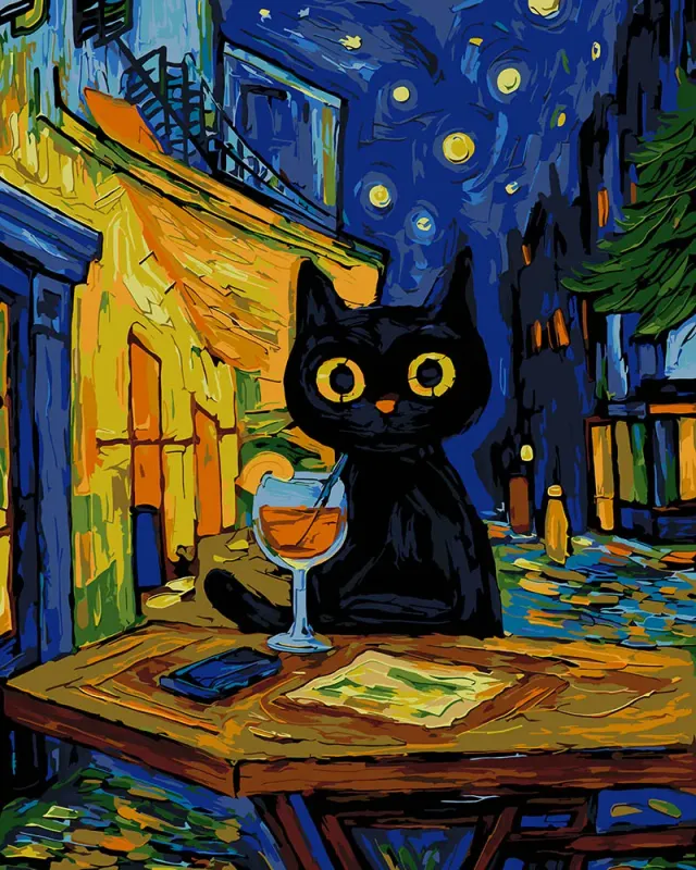 Figured'Art Middernachtcocktailkat schilderen op nummer 40x50 cm kat