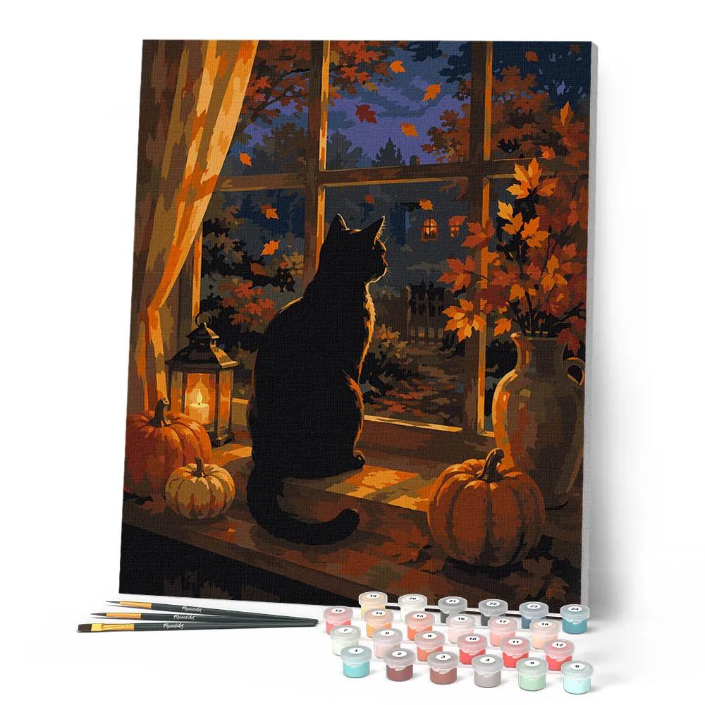 Figured'Art Zwarte Kat bij het Pompoenenraam schilderen op nummer 40x50 cm herfst
