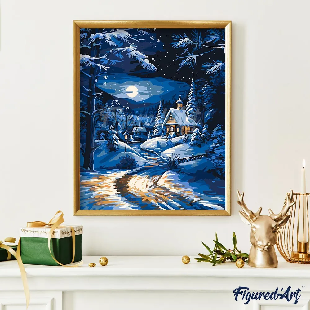 Figured'Art Winterhuisje bij Maanlicht schilderen op nummer 40x50cm