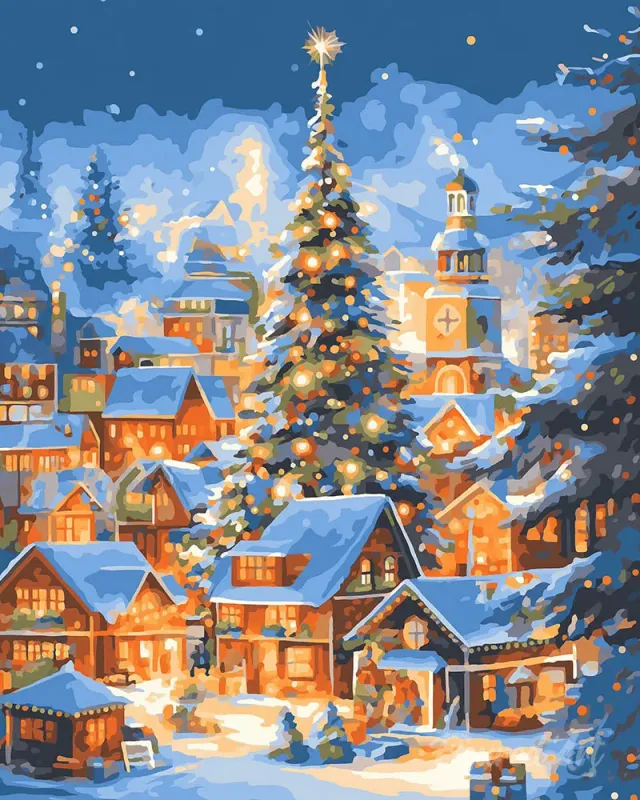 Figured'Art Sprankelend Kerstdorp diamond painting 40x50cm ingelijst