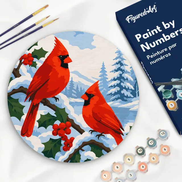 Figured'Art Winterkardinalen schilderen op nummer houten schijf 30cm