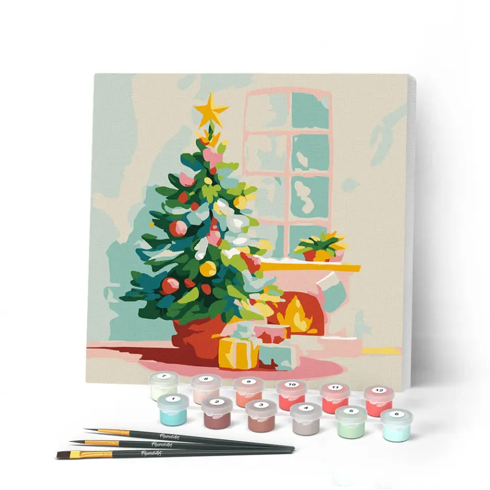 Figured'Art Mini Schilderen op Nummer Kerstboom open haard 20x20 ingelijst