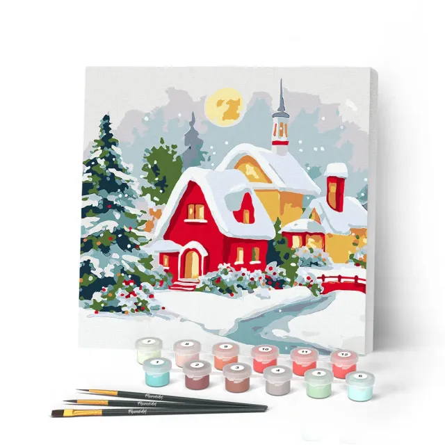 Figured'Art Mini Rood Huis in de Winter schilderen op nummer 20x20