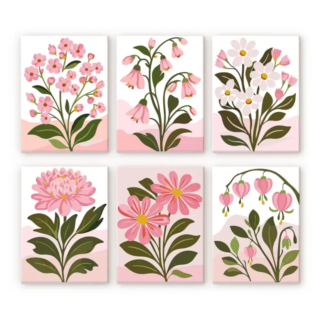 Figured'Art Roze Bloemen mini schilderen op nummer 15x20 cm 6 stuks