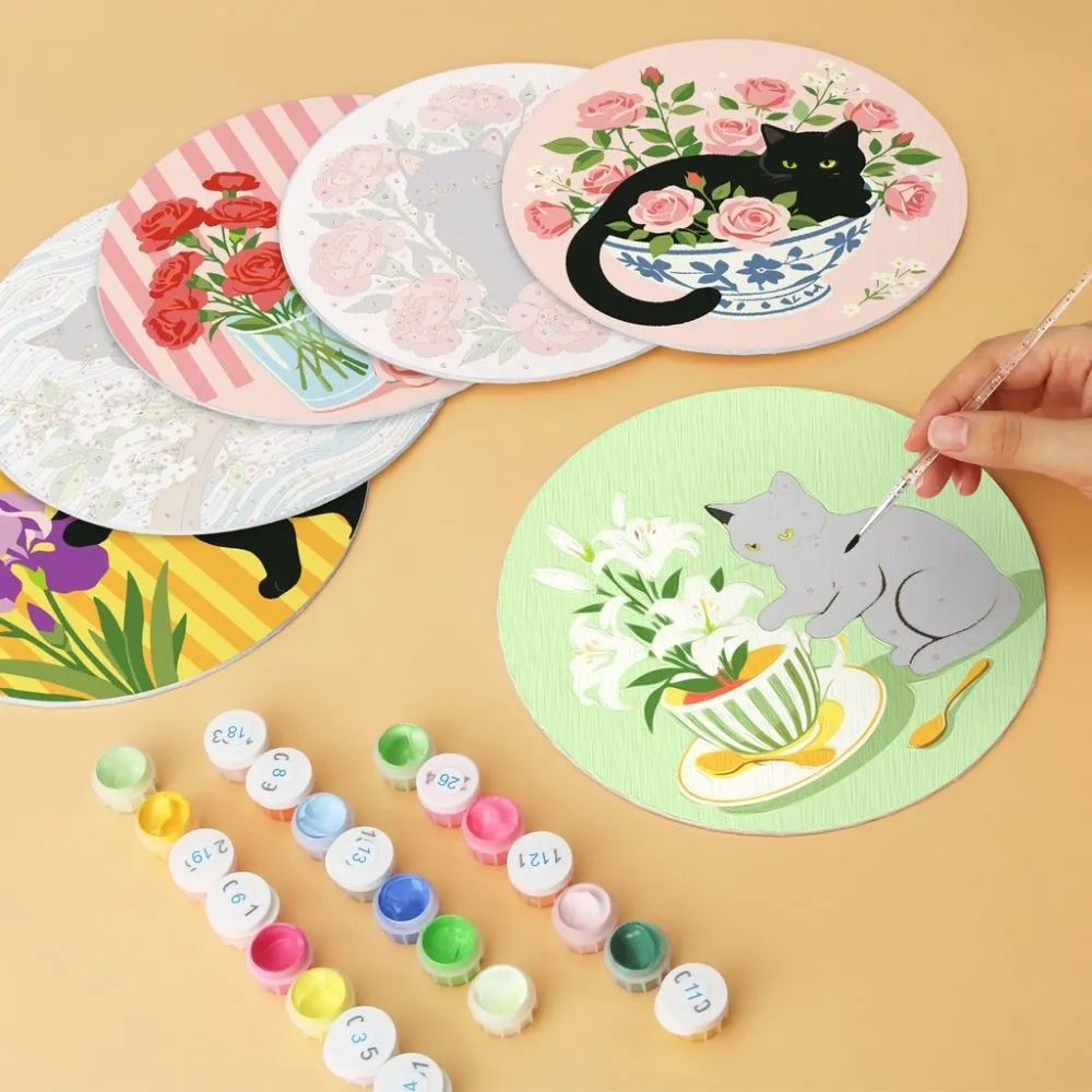 Figured'Art Mini Serie Zwarte kat en bloemen schilderen op nummer Ø20cm 6 stuks
