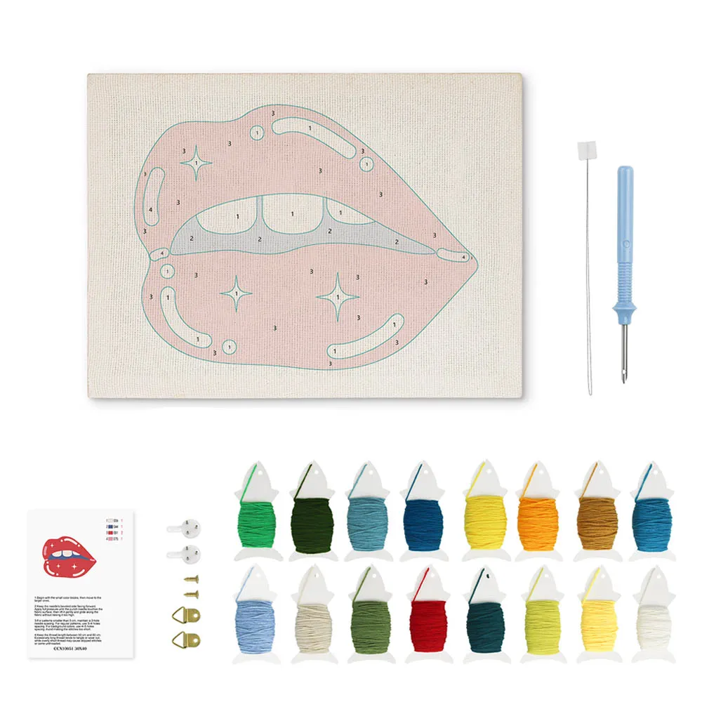 Figured'Art Glanzende Lippen punch needle pakket met frame 20x30cm pop art