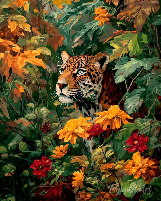 Figured'Art Luipaard in de herfst diamond painting 40x50 cm rond