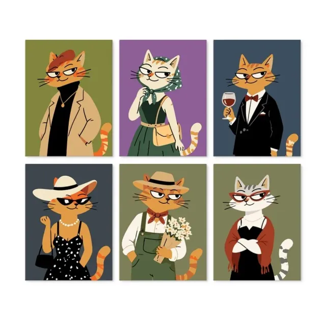 Figured'Art Stijlvolle katten mini schilderen op nummer 15x20cm 6 stuks