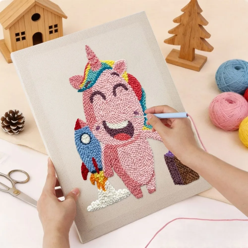 Figured'Art Eenhoorn Avontuur punch needle pakket met frame katoen