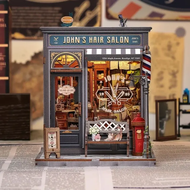 Figured'Art Johns Kapsalon miniatuurhuisje met LED-verlichting