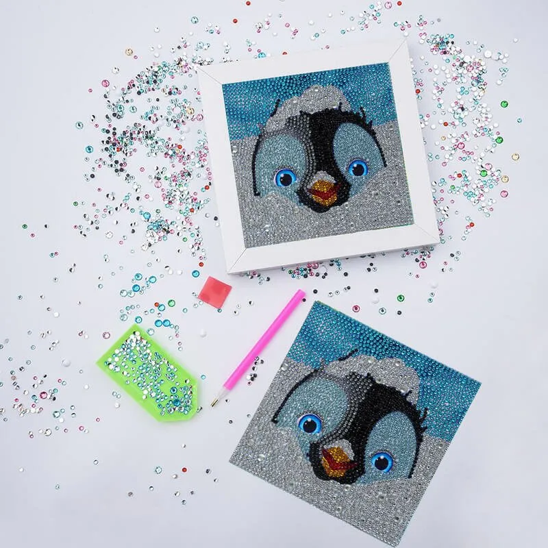 Figured'Art Diamond Painting Pinguïn diamond painting 15x15cm rond met lijst