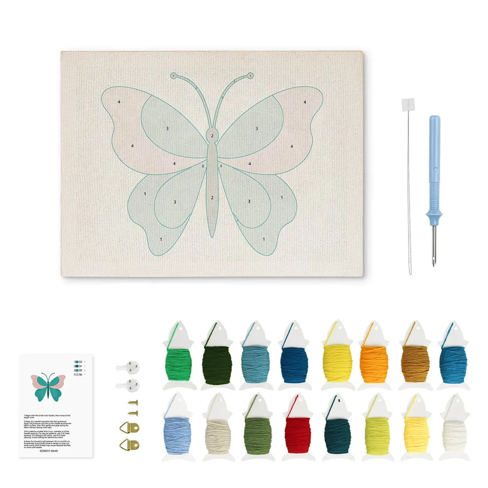 Figured'Art Azuurblauwe Vlinder punch needle pakket 20x30cm met frame