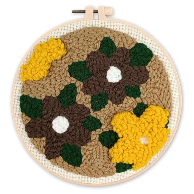 Figured'Art Punch Needle Pakket Gele en Bruine Bloemen 20 cm Wol