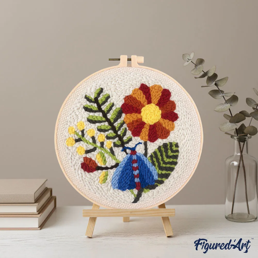 Figured'Art Blauwe mot en bloemen punch needle pakket 20cm