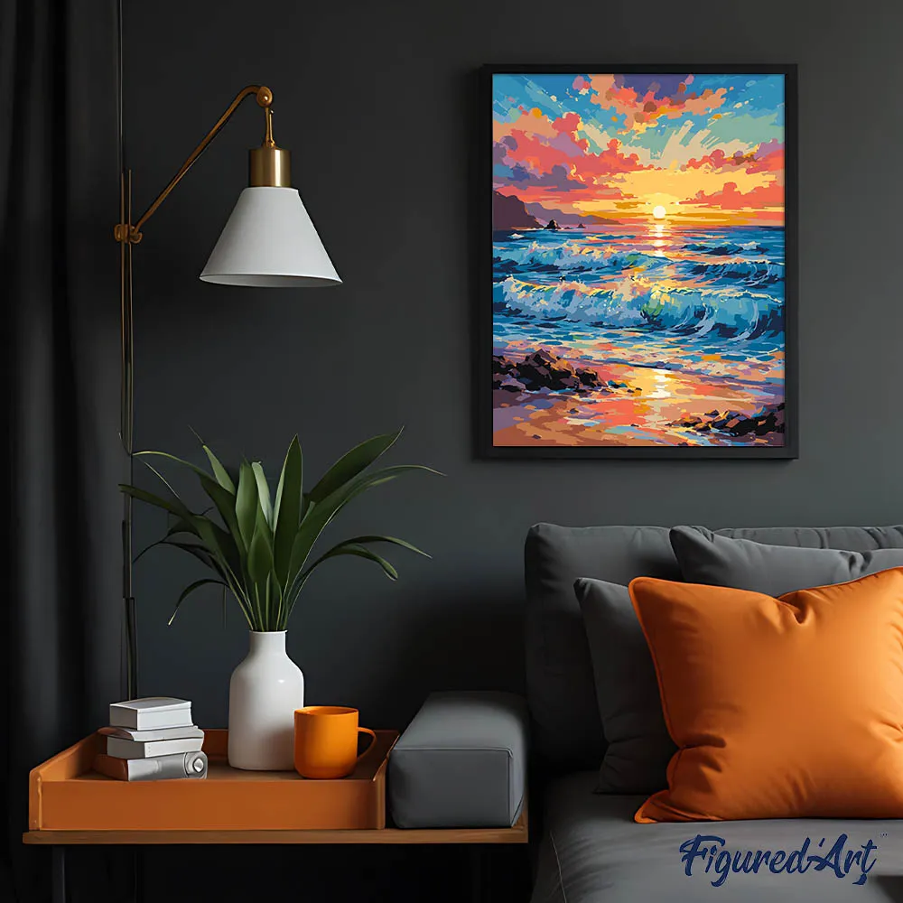 Figured'Art Golven bij zonsondergang schilderen op nummer 40x50 cm zee